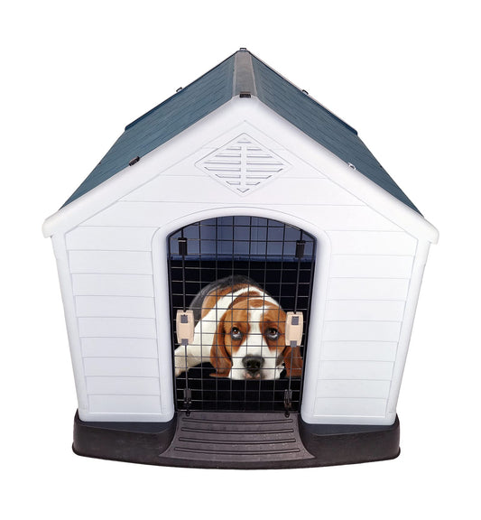 Plastic dog house with Durable PP material, Ventilation holes, Lockable door, and Raised floor, Water-proof pet shelter for medium to large breeds, Indoor/Outdoor use, Easy assembly, 100 cm (Grey)