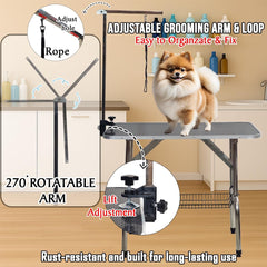 Foldable Pet Grooming Table with Non-slip surface, Folding crossbeams, and Portable Beauty station for small to medium pets, Space saving design, Storage Basket, Adjustable Arm & Noose, 152 cm (Black)