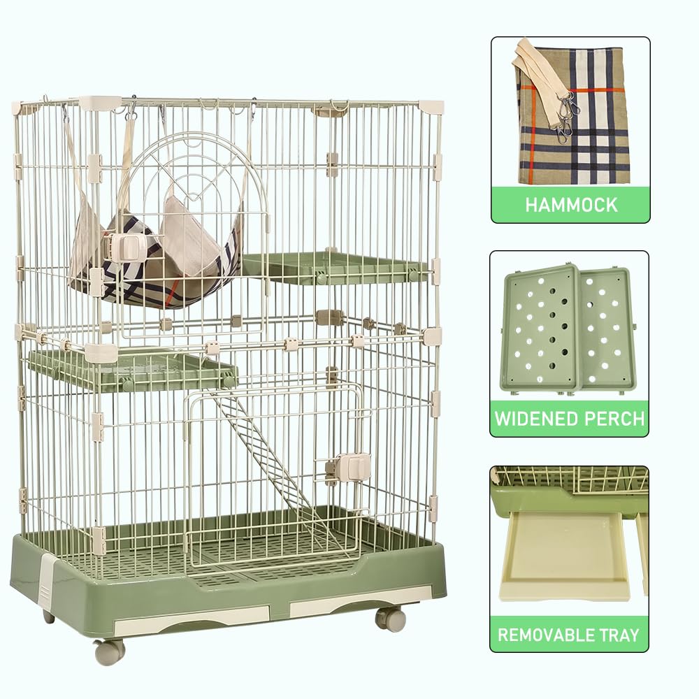NNC PETS 2-Tier Cat Cage Indoor - Metal Wire Cat Crate Playpen Kennel with 2 Lockable Doors, Climbing ladder, Removable Tray &b Universal Wheels - Easy Assembly, 102 cm(Green, Medium)