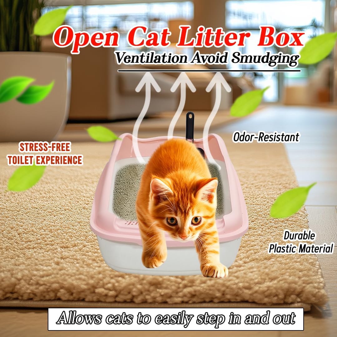 Anti-splash cat litter box with Enclosed design, Easy to clean, Durable plastic material and Removable, Cat Litter Pan with Scoop, Portable, Large size, High fence, and All size cats