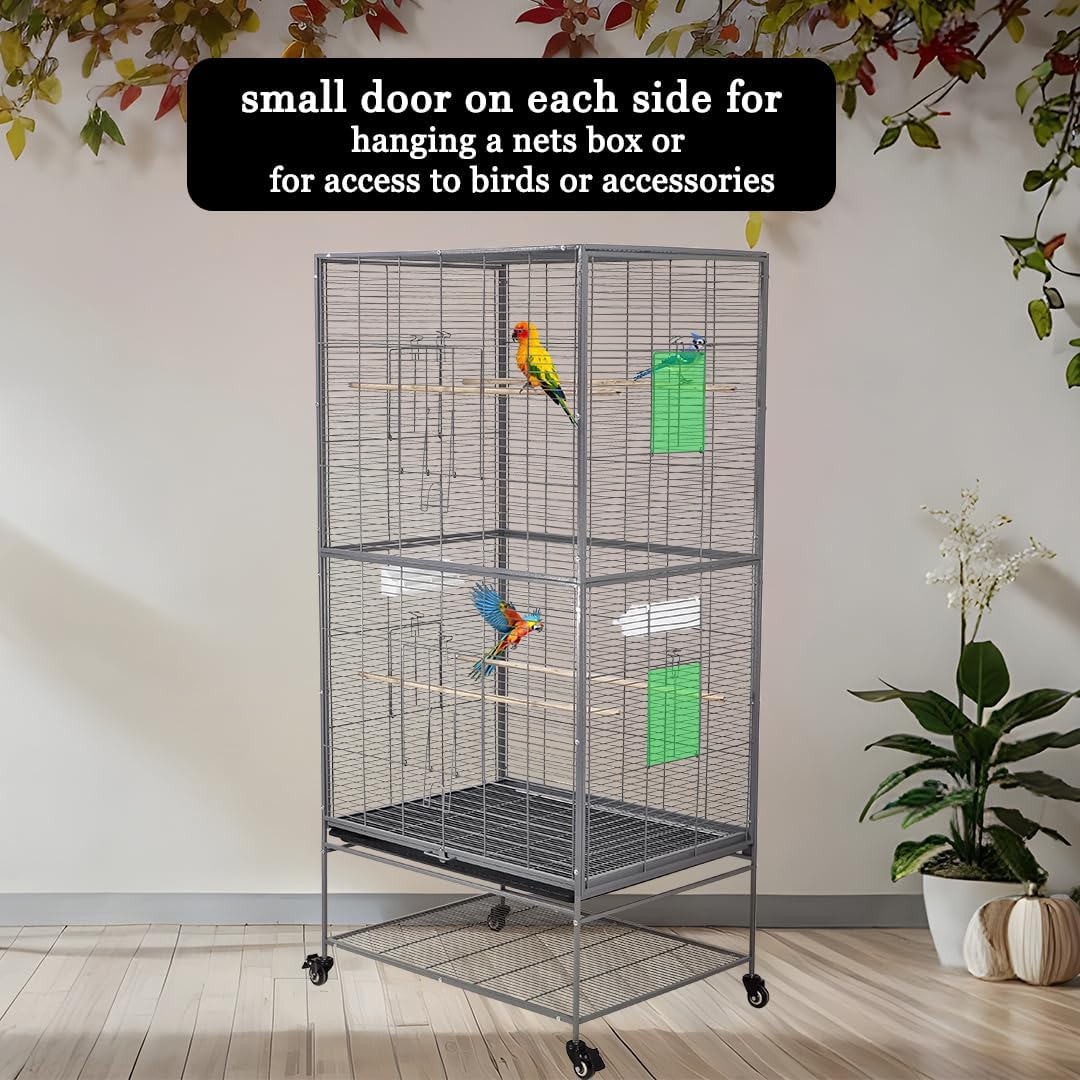 Large bird cage, Durable design and Steel wire, Removable tray and Multiple access doors, Wood perches and Food bowls, Small and medium birds, Universal wheels with brakes 168 cm (Grey)