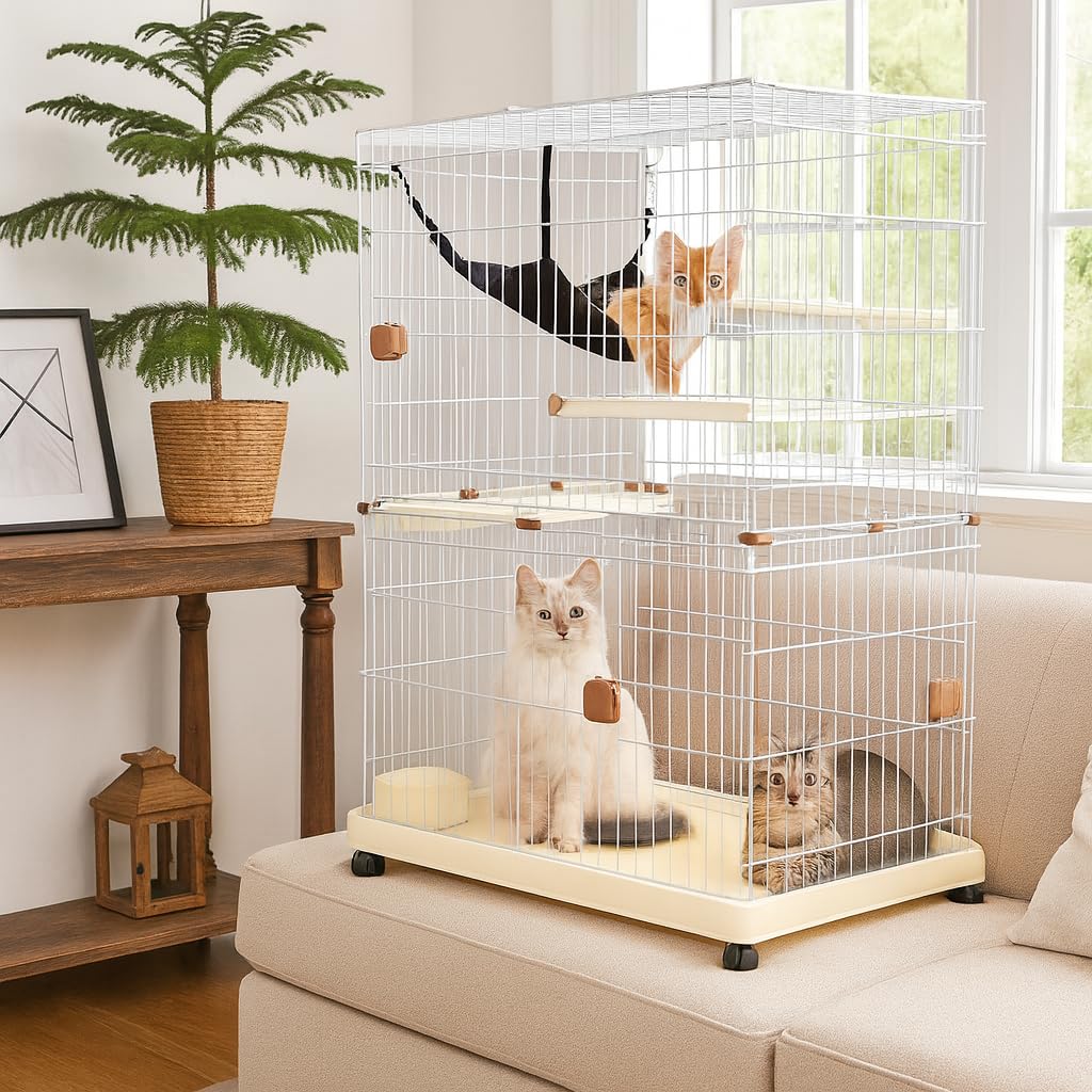 NNC PETS Cat Cage Kennel with 2-lockable Doors - 2-Tiier Metal Wire Pet Cat House Playpen for Indoor Cats - Cozy Hammock, Climbing Ladder, Drawer Tray & Universal Wheels, Easy Assembly (Beige, 115 cm)