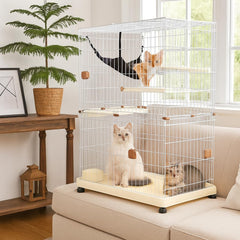 NNC PETS Cat Cage Kennel with 2-lockable Doors - 2-Tiier Metal Wire Pet Cat House Playpen for Indoor Cats - Cozy Hammock, Climbing Ladder, Drawer Tray & Universal Wheels, Easy Assembly (Beige, 115 cm)