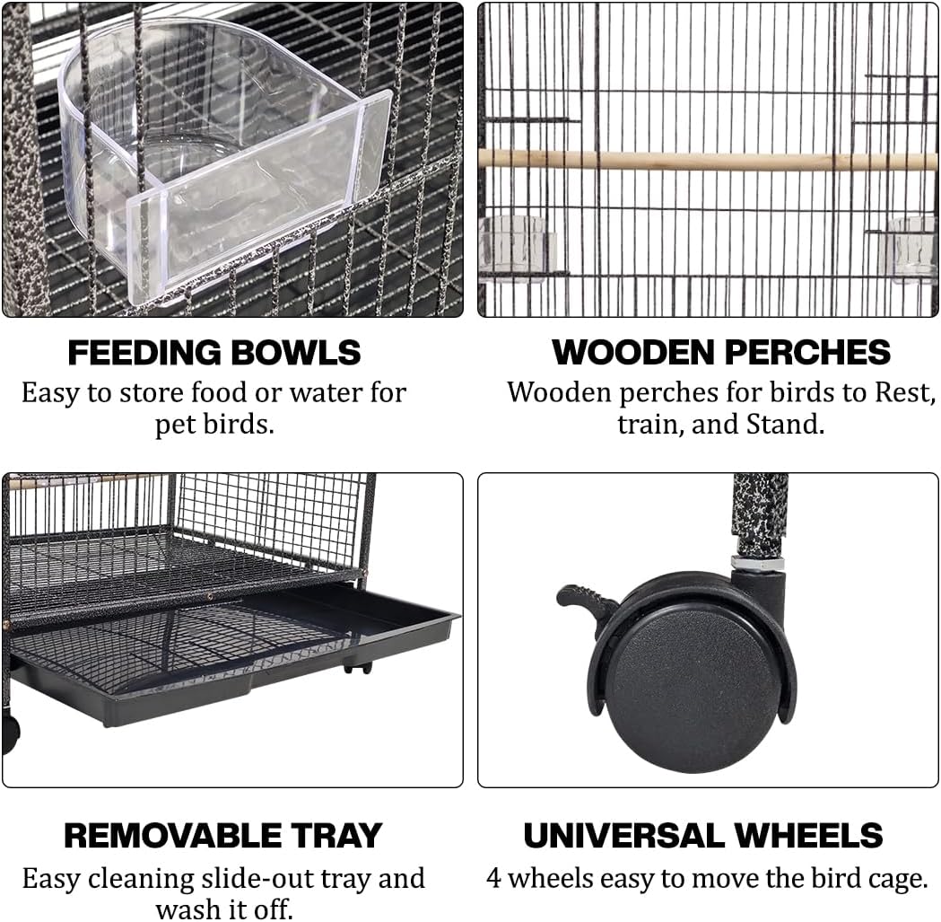 Bird cage for Small to Medium birds, Wrought iron bird cage with Open-top design, Feeding cups, Wooden Perches, Slide-out tray, and Universal wheels, Ideal for Indoor/Outdoor use, 85 cm (Black)