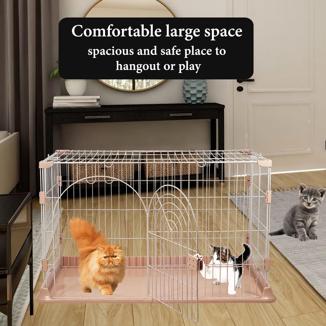 NNC PETS Cat Cage Indoor | Pet Playpen Cat Crate | Metal Wire Single-layer Cat House with Splash-Proof Base & Spring Door Lock | Ideal for Indoor/Outdoor Use | Easy to Assemble (Pink, 100cm)