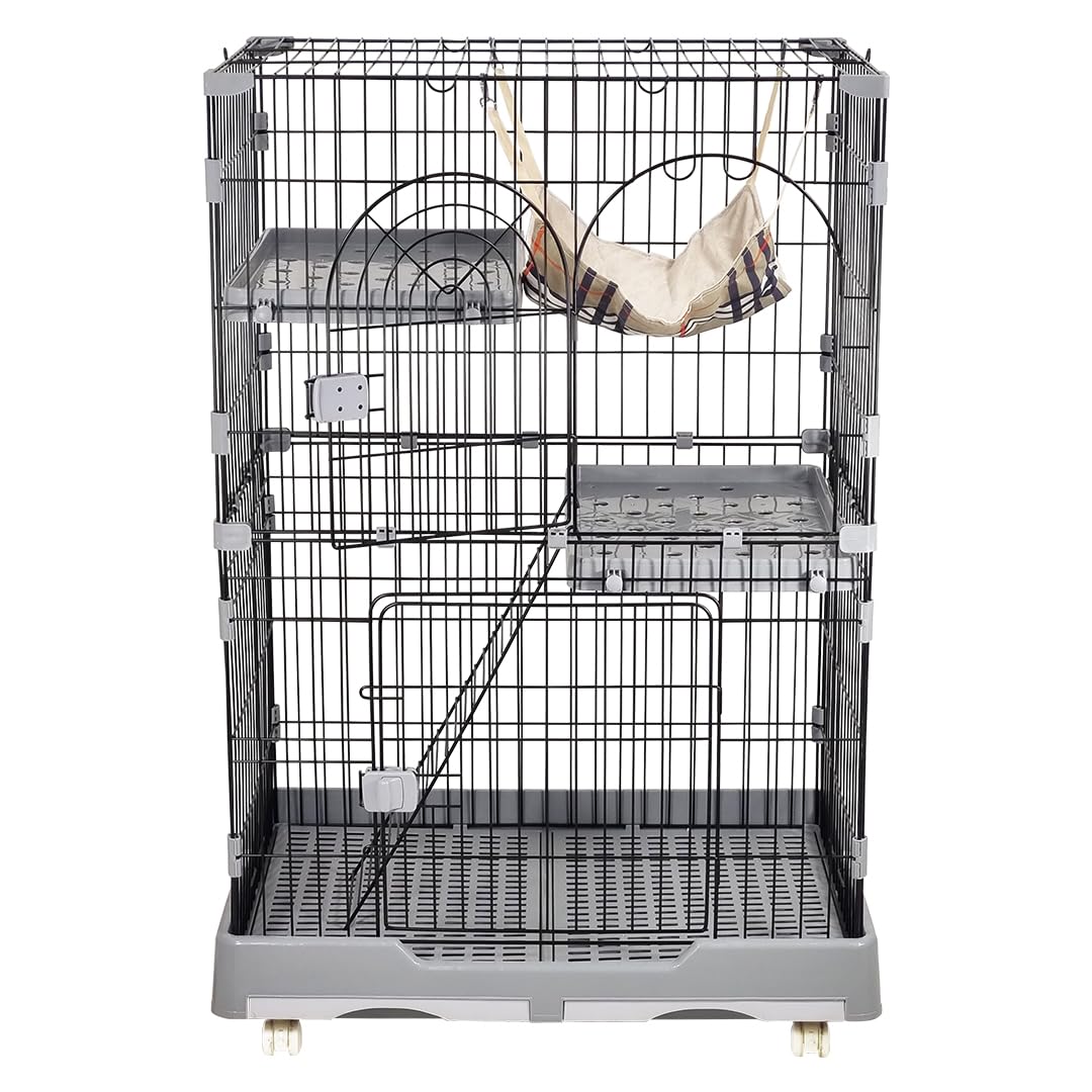 Cat cage playpen for Multi-cat households, 2-layer metal wire cat cage with Durable hammock, climbing ladder, Slide-out tray, and Universal wheels, Suitable for indoor/outdoor 121 cm (Grey)