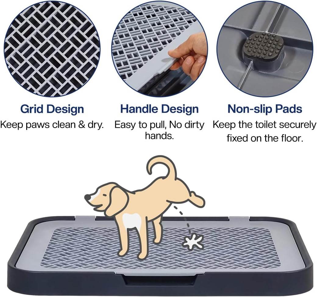 Flat dog toilet for small to medium dogs, Detachable dog training tray with Detachable grid pads holder, Handle design, and Non-slip base, Ideal for Indoor/Outdoor use, 50 cm
