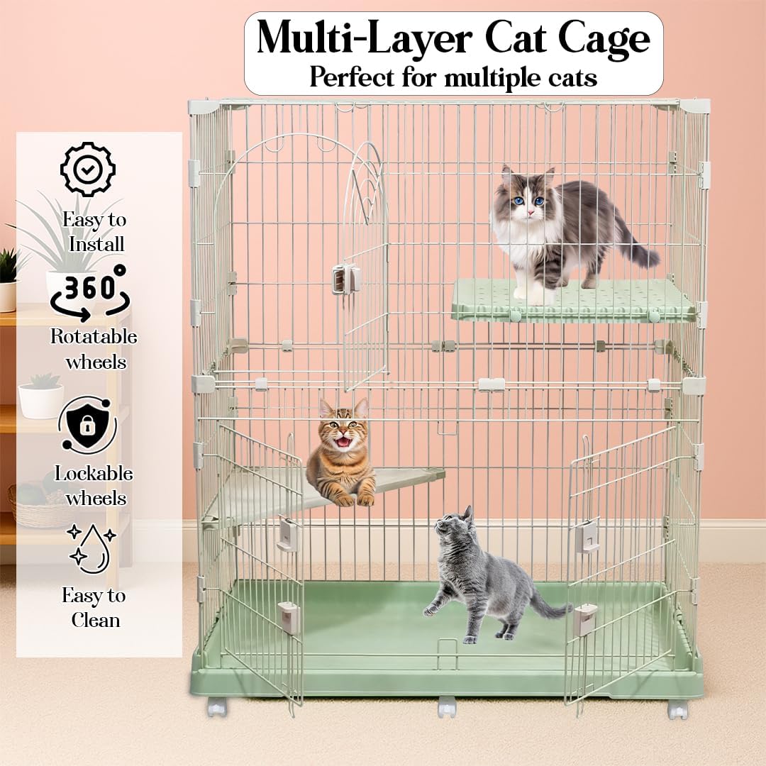 2-Tier Cat Cage with Locking Wheels, Wide Shelves, Multi-Access Door, and Sturdy Metal Wire, 117 cm Cat Playpen for Indoor-Outdoor Use, Durable Pet Crate, Easy to Assemble and Easy to Clean, (Green)