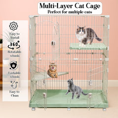 2-Tier Cat Cage with Locking Wheels, Wide Shelves, Multi-Access Door, and Sturdy Metal Wire, 117 cm Cat Playpen for Indoor-Outdoor Use, Durable Pet Crate, Easy to Assemble and Easy to Clean, (Green)