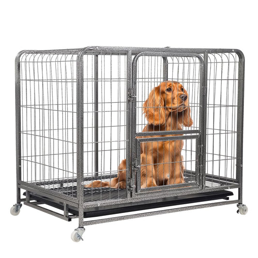 Sturdy metal dog cage for small to medium breeds, Heavy-duty dog crate cage with Open-top design, Feeding door, Slide-out tray, and Universal wheels, Ideal for indoor/outdoor use, 93cm (Silver)