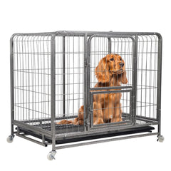 Sturdy metal dog cage for small to medium breeds, Heavy-duty dog crate cage with Open-top design, Feeding door, Slide-out tray, and Universal wheels, Ideal for indoor/outdoor use, 93cm (Silver)