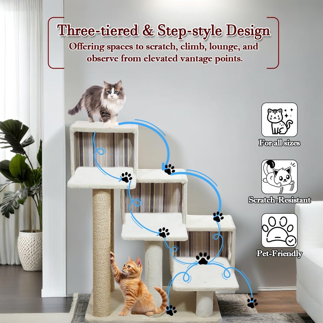 Cat tree with Step design, Soft plush cover, Cat condo and Scratching posts, 96 cm Multi-level cat tower for Indoor cats, Cat climbing furniture and Space saving cat tree (Beige)