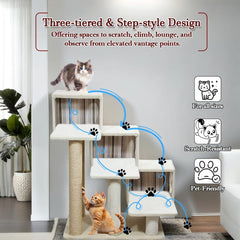 Cat tree with Step design, Soft plush cover, Cat condo and Scratching posts, 96 cm Multi-level cat tower for Indoor cats, Cat climbing furniture and Space saving cat tree (Beige)