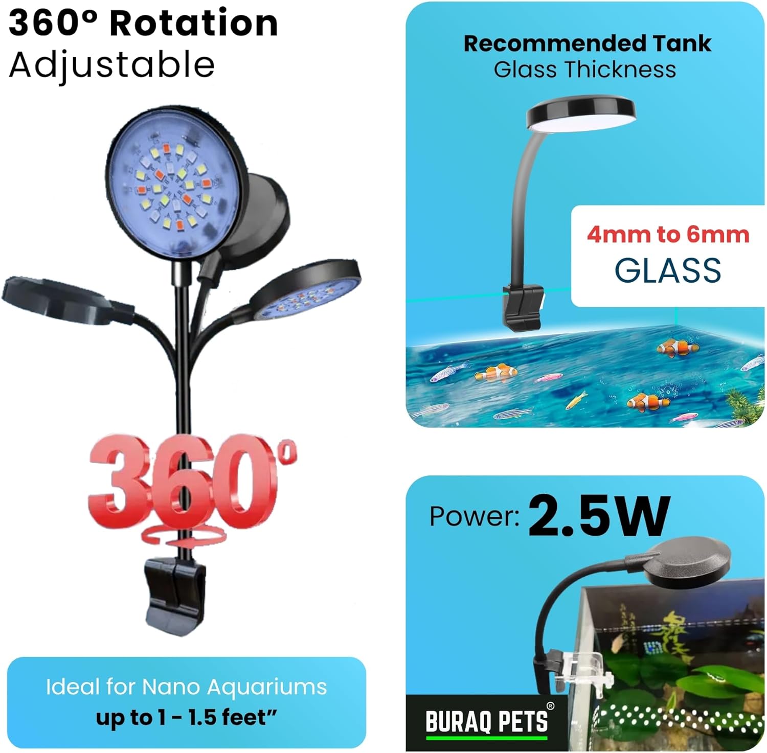 N6 Multicolor Aquarium LED Light 2.5W | WRGB Spectrum | 3 Lighting Modes | 360° Flexible Arm | Clip-On Lamp for Nano Fish Tanks & Bowls