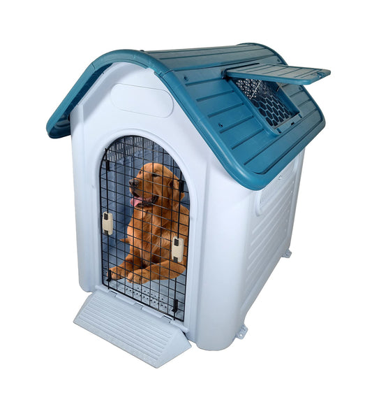 Waterproof plastic dog house with Roof, Durable PP material, Ventilation holes, Lockable door, and Raised floor, Indoor/Outdoor pet shelter for Large dogs, Easy to assemble, 113 cm (Blue)