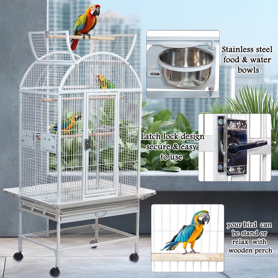 Large parrot cage with Stand, Indoor-Outdoor use, Open play top, Easy-clean tray, Food bowls & Storage shelf, 163 Bird cage with Wheels, Wooden perches, Durable and Metal wire bird cage (White)