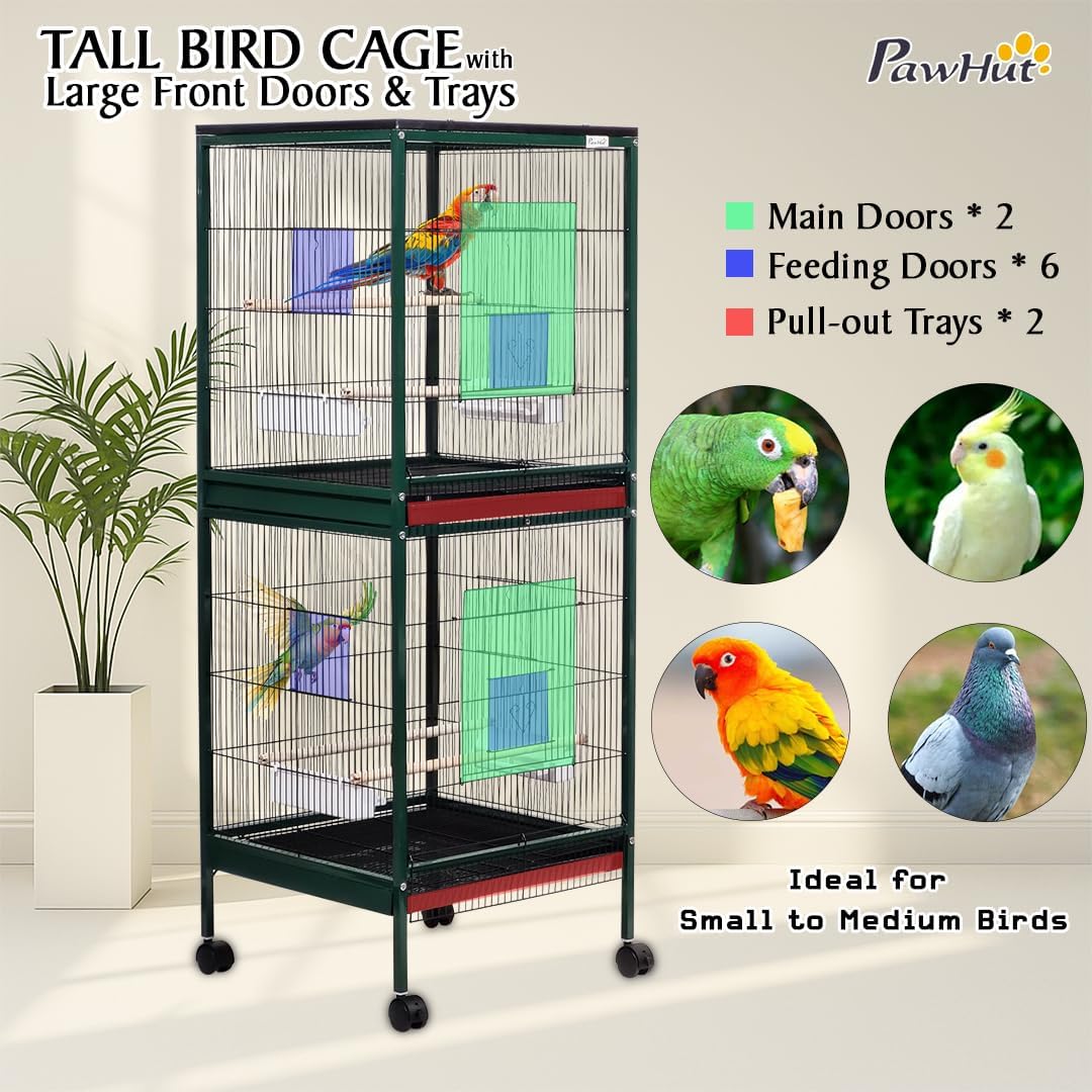 Spacious Dual Bird Cage with Durable and Vertical Design, 143 cm Parrot cage with 4 Wheels, Trays, and Wooden Perches, Partition cage for Indoor-Outdoor use, and Easy to clean (Green)
