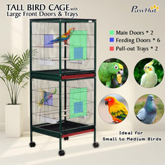 Spacious Dual Bird Cage with Durable and Vertical Design, 143 cm Parrot cage with 4 Wheels, Trays, and Wooden Perches, Partition cage for Indoor-Outdoor use, and Easy to clean (Green)