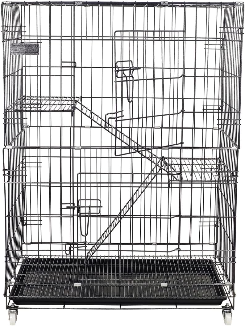 Cat Cage - Pet House & Villa with 2-lockable Doors, Climbing ladders, Removable tra and Universal wheels, Durable 2-tier 104 cm Metal Cat House for Multi-cat Households, Easy to assemble (Black)