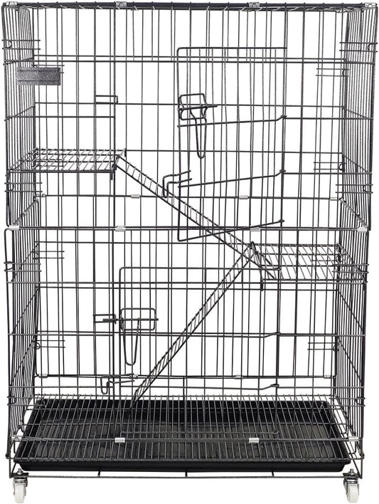 Cat Cage - Pet House & Villa with 2-lockable Doors, Climbing ladders, Removable tra and Universal wheels, Durable 2-tier 104 cm Metal Cat House for Multi-cat Households, Easy to assemble (Black)