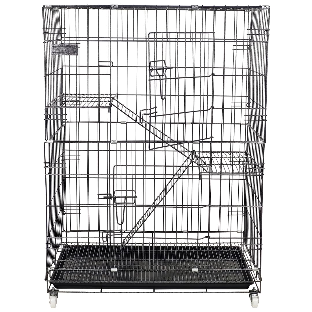 2-Tier cat cage for cat & kittens, Heavy-duty foldable metal pet cage with 2-lockable Doors, Climbing ladders, Slide-out tray, and Universal wheels, Ideal for Indoor/Outdoor use, 104 cm (Black)