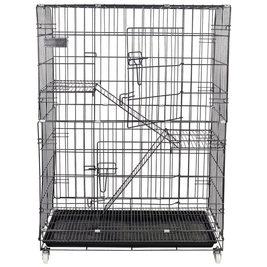 2-Tier cat cage for cat & kittens, Heavy-duty foldable metal pet cage with 2-lockable Doors, Climbing ladders, Slide-out tray, and Universal wheels, Ideal for Indoor/Outdoor use, 104 cm (Black)
