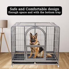 Large dog cage with Open-top design, Lockable door, Removable tray, and Universal wheels, Heavy-duty metal dog cage for medium to large breeds, Suitable for indoor & outdoor use 125 cm (Silver)