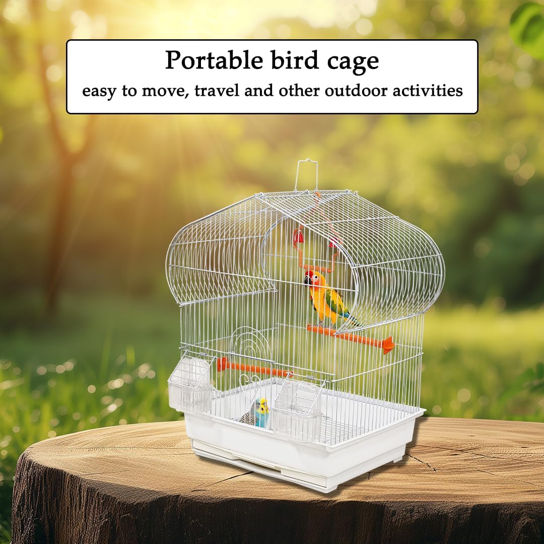 Bird cage for small birds, Durable metal construction bird cage with Portable handle, Swinging perch, Plastic food cups, Perches, and Removable tray, Ideal for indoor & outdoor use 51 cm (white)