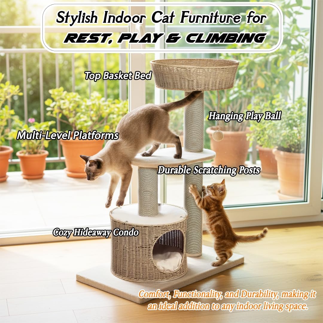 Cat tree with Scratching Post, Wicker basket, Hand-woven condo, and Dangling ball, 97 cm Indoor cat furniture for all cats, Multi-level cat tree, Easy assembly, & Cat climbing tower (Beige)