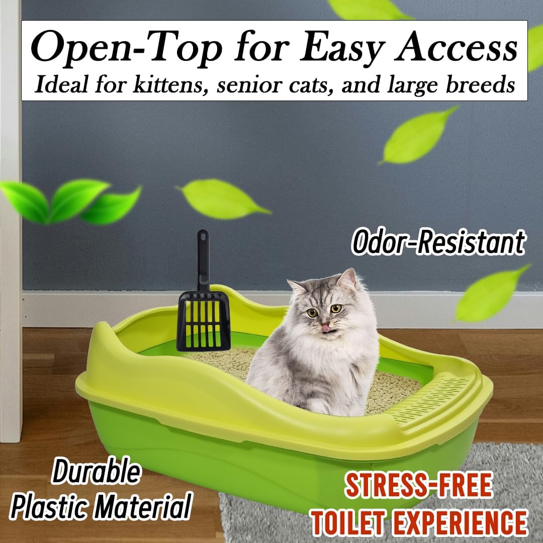 Anti-splash cat litter box with Enclosed design, Easy to clean, Durable plastic material and Removable, Cat Litter Pan with Scoop, Portable, Large size, High fence, and All size cats