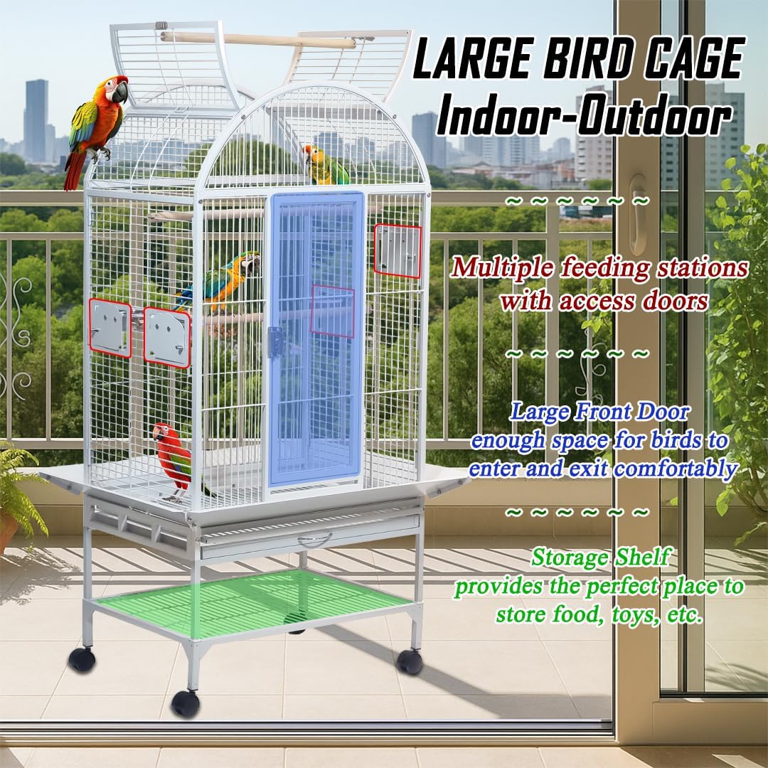 Large parrot cage with Stand, Indoor-Outdoor use, Open play top, Easy-clean tray, Food bowls & Storage shelf, 163 Bird cage with Wheels, Wooden perches, Durable and Metal wire bird cage (White)