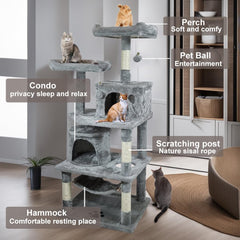 Cat tree tower with Multiple perches, Dangling balls, Sisal scratching post, Spacious cat condos, and Cozy hammock, Multi-level cat tree activity center for indoor cats, Easy assembly 143 cm (Grey)
