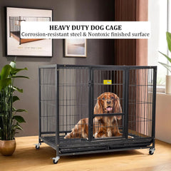 Dog Cage - Heavy Duty Metal Dog Crate - Sturdy Metal Kennel Fence for Medium & Large Dogs with Lockable Wheels -Plastic Tray, Feeding Door for Indoor/Outdoor Use (Coal Black, Large)