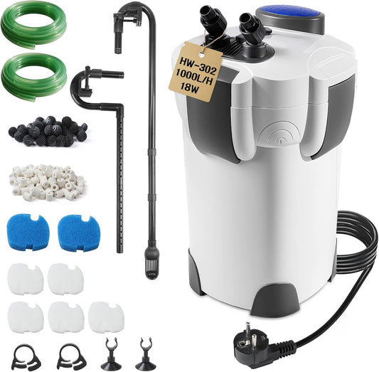 Outdoor Aquarium Filter 1000L/H 18W Adjustable External Aquarium Pump with Filter Material, Silent Fish Pond Filter with 3 Filtration Steps for Tank up to 300 L HW-302