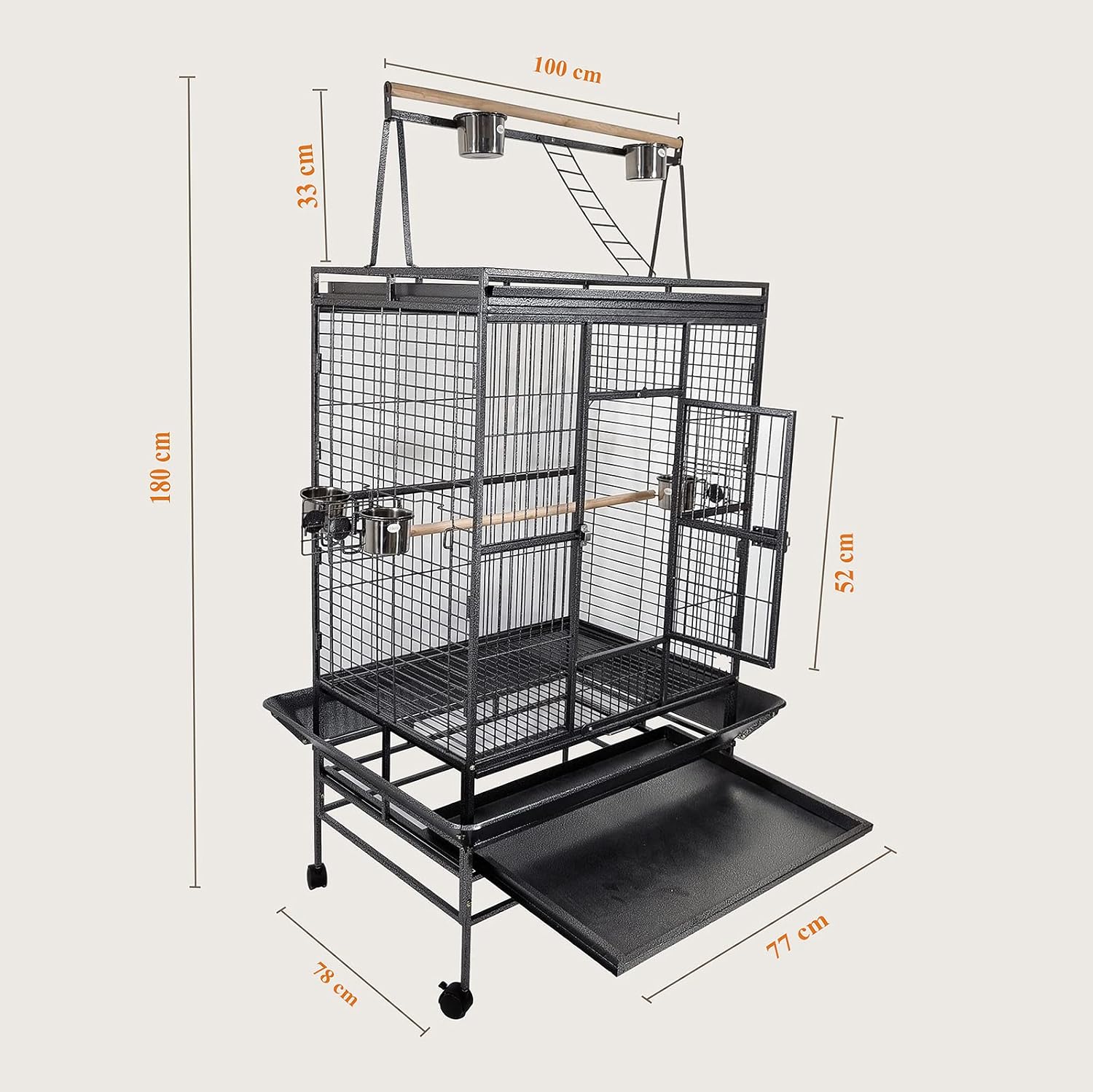 Large bird cage for Parrots, Macaws, and other birds, Spacious & Durable metal bird cage with Play-top area, Wooden perches, Feeding bowls, Removable tray, and Universal wheels 180 cm (Black)