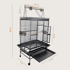 Large bird cage for Parrots, Macaws, and other birds, Spacious & Durable metal bird cage with Play-top area, Wooden perches, Feeding bowls, Removable tray, and Universal wheels 180 cm (Black)