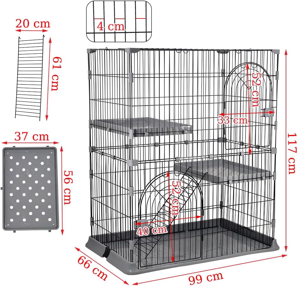 Cat cage with Durable metal wire, Wide plastic perch, Lockable door, and Climbing ladder, double-layer cat cage enclosure for Cats & Kittens, Suitable for indoor/outdoor use 117 cm (Grey)