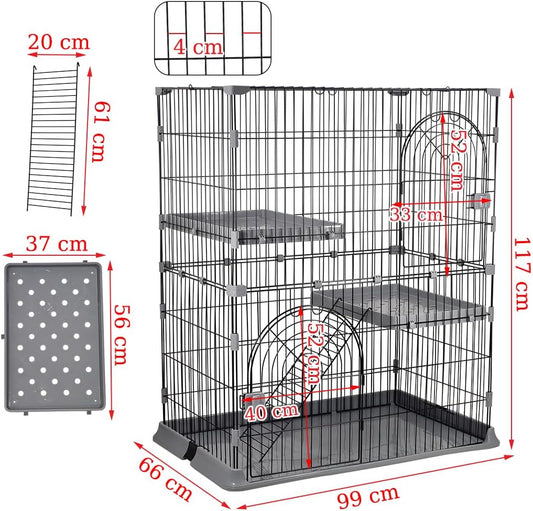 Cat cage with Durable metal wire, Wide plastic perch, Lockable door, and Climbing ladder, double-layer cat cage enclosure for Cats & Kittens, Suitable for indoor/outdoor use 117 cm (Grey)
