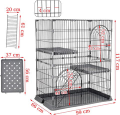 Cat cage with Durable metal wire, Wide plastic perch, Lockable door, and Climbing ladder, double-layer cat cage enclosure for Cats & Kittens, Suitable for indoor/outdoor use 117 cm (Grey)