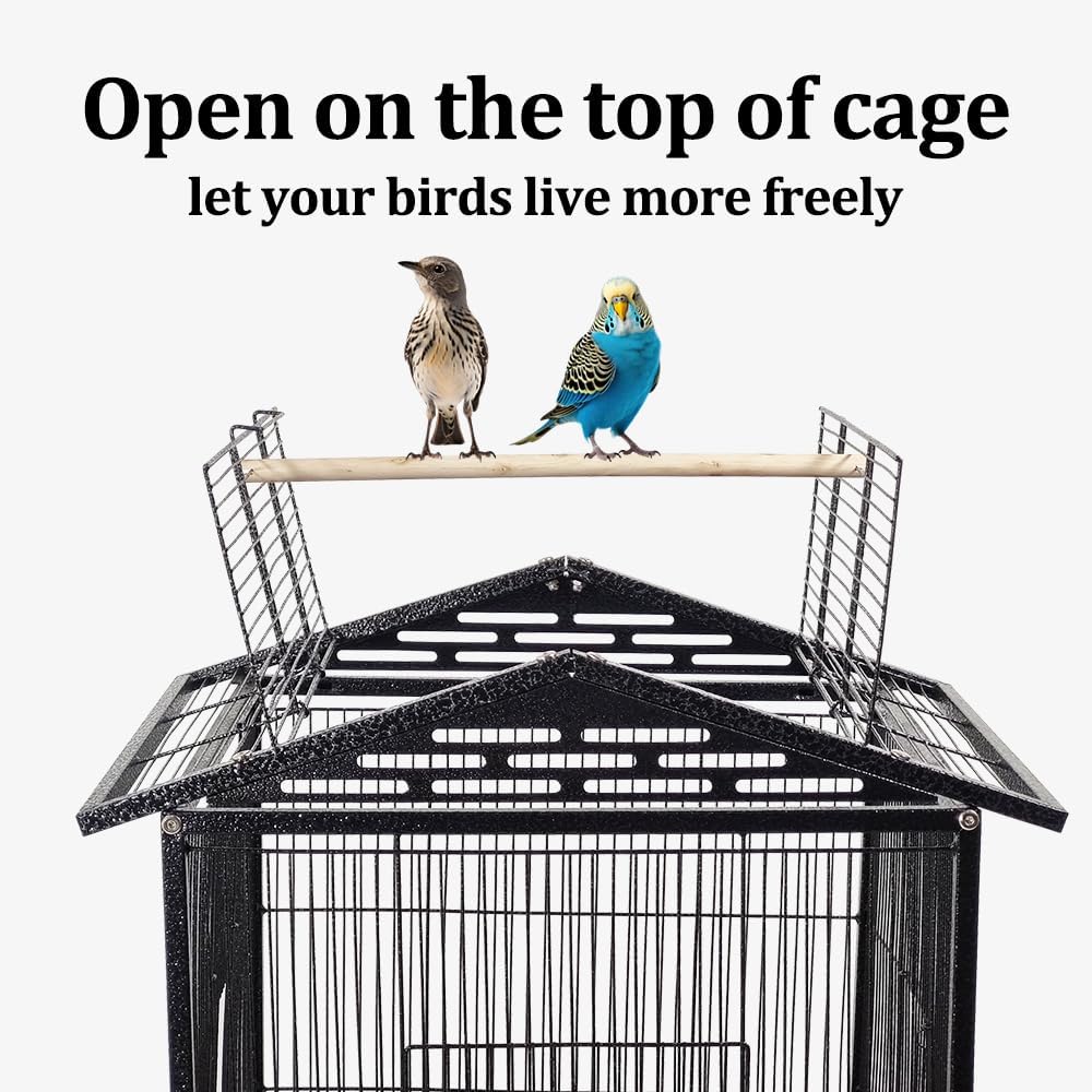 Bird Cage - Bird House & Villa - Parrot Cage for Small to Medium-Sized Birds – 87 cm Durable Metal Birdcage with Wooden Standing Perch, Feeding Cups, Slide-Out Tray, and Universal Wheels