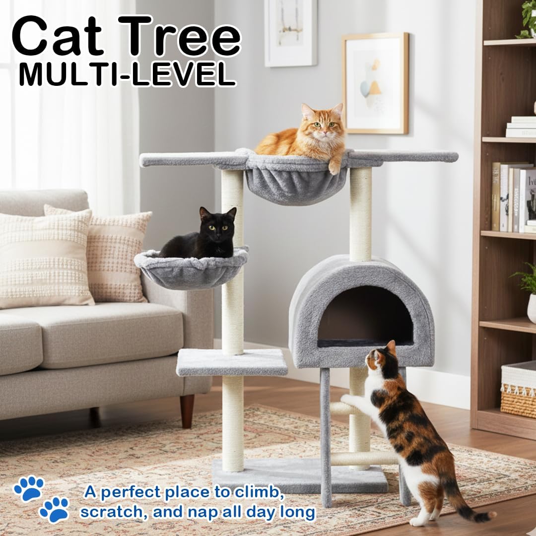 Cat tree with Wide top platform, Hammock, and Natural sisal scratching posts, Cat tower with Multilevel, Cozy Condo, and Climbing ladder, Soft plush material and 100 cm Protect furniture