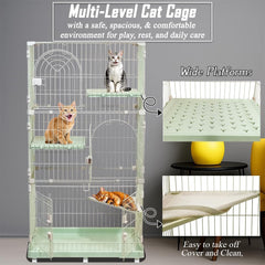 3-Tier Cat Cage with Locking Wheels, Wide Shelves, Multi-Access Door, and Sturdy Metal Wire, 158 cm Cat Playpen for Indoor-Outdoor Use, Durable Pet Crate, Easy to Assemble and Easy to Clean, Green