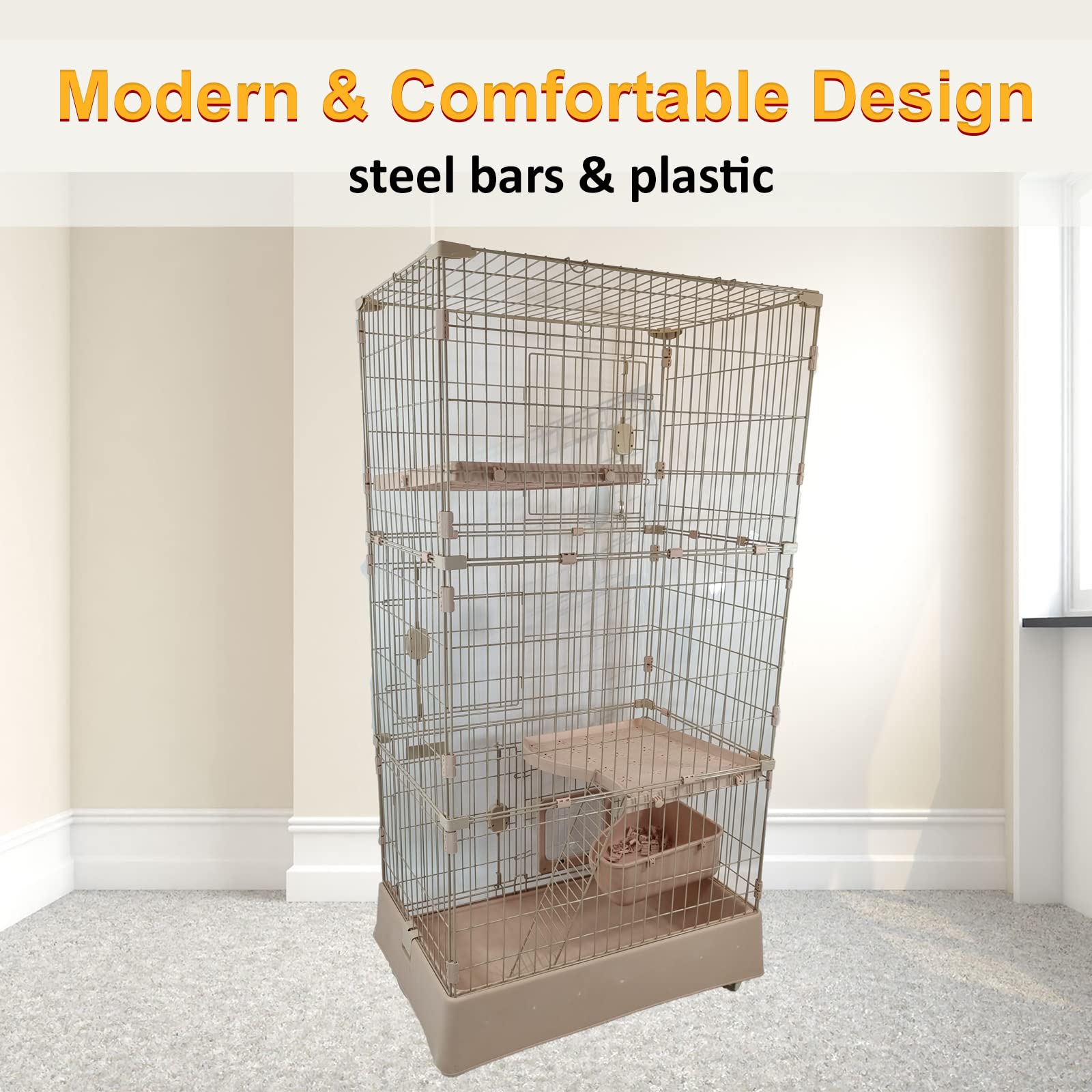Large cat cage for Multi-cat household, 2-tier spacious cat cage with Multiple lockable doors, Climbing ladder, Food container, and Universal wheels, Ideal for Indoor/outdoor 178 cm (Pink)