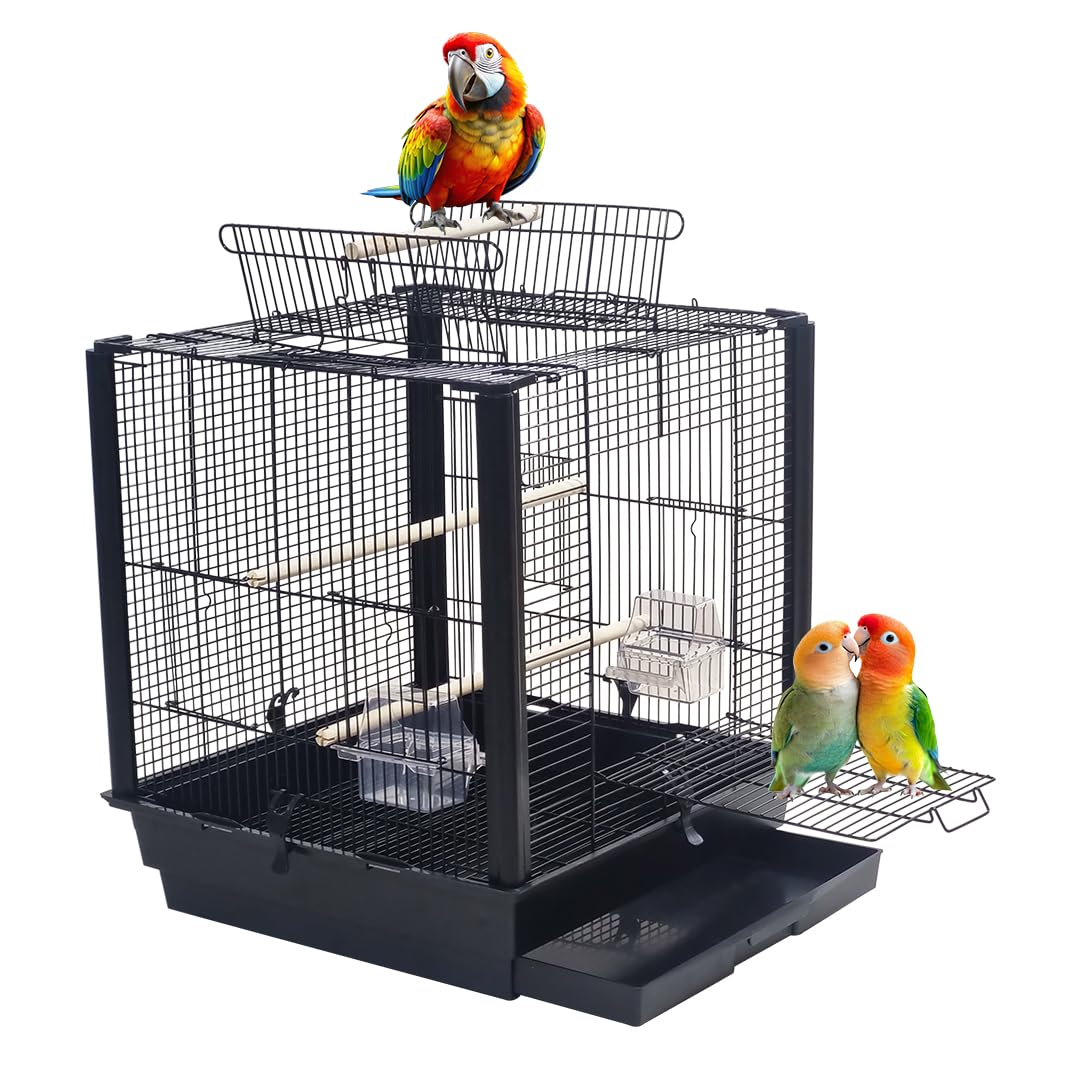 Metal Bird Cage for Small Parrots, Lovebirds, Budgies, and Cockatiels, 52cm Spacious Cage with Play Top, Slide-Out Tray, Food Cups, Perches, and Easy to clean, Indoor Outdoor Portable Cage (Black)