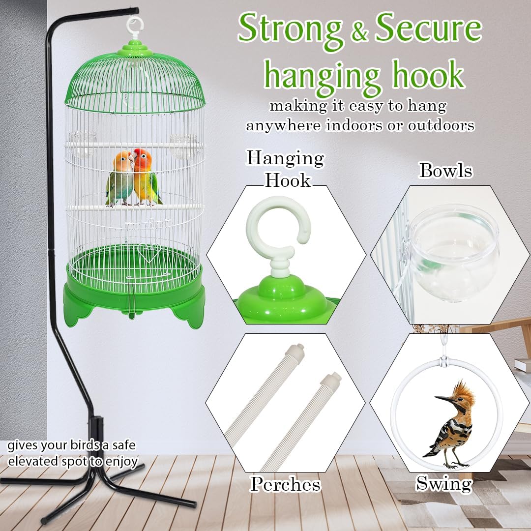 Round Bird Cage with Plastic Base, Metal Wire, Feeding Bowls, Swing, and Perches, 73 cm Travel Portable Cage for Parakeets, Canaries, and Small Birds, Indoor Outdoor Use, Convenient hook (GREEN)