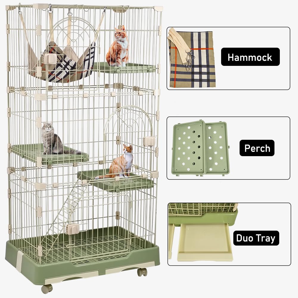 NNC PETS 3-Tier Cat Cage Indoor - Large Metal Cat Crate Kennel with 3 Lockable Doors - Cozy Hammock & Wide Platforms - Climbing Ladder, Drawer Tray & Universal Wheels, 146cm(Green, Large)