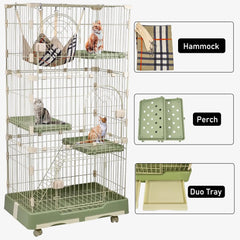 NNC PETS 3-Tier Cat Cage Indoor - Large Metal Cat Crate Kennel with 3 Lockable Doors - Cozy Hammock & Wide Platforms - Climbing Ladder, Drawer Tray & Universal Wheels, 146cm(Green, Large)