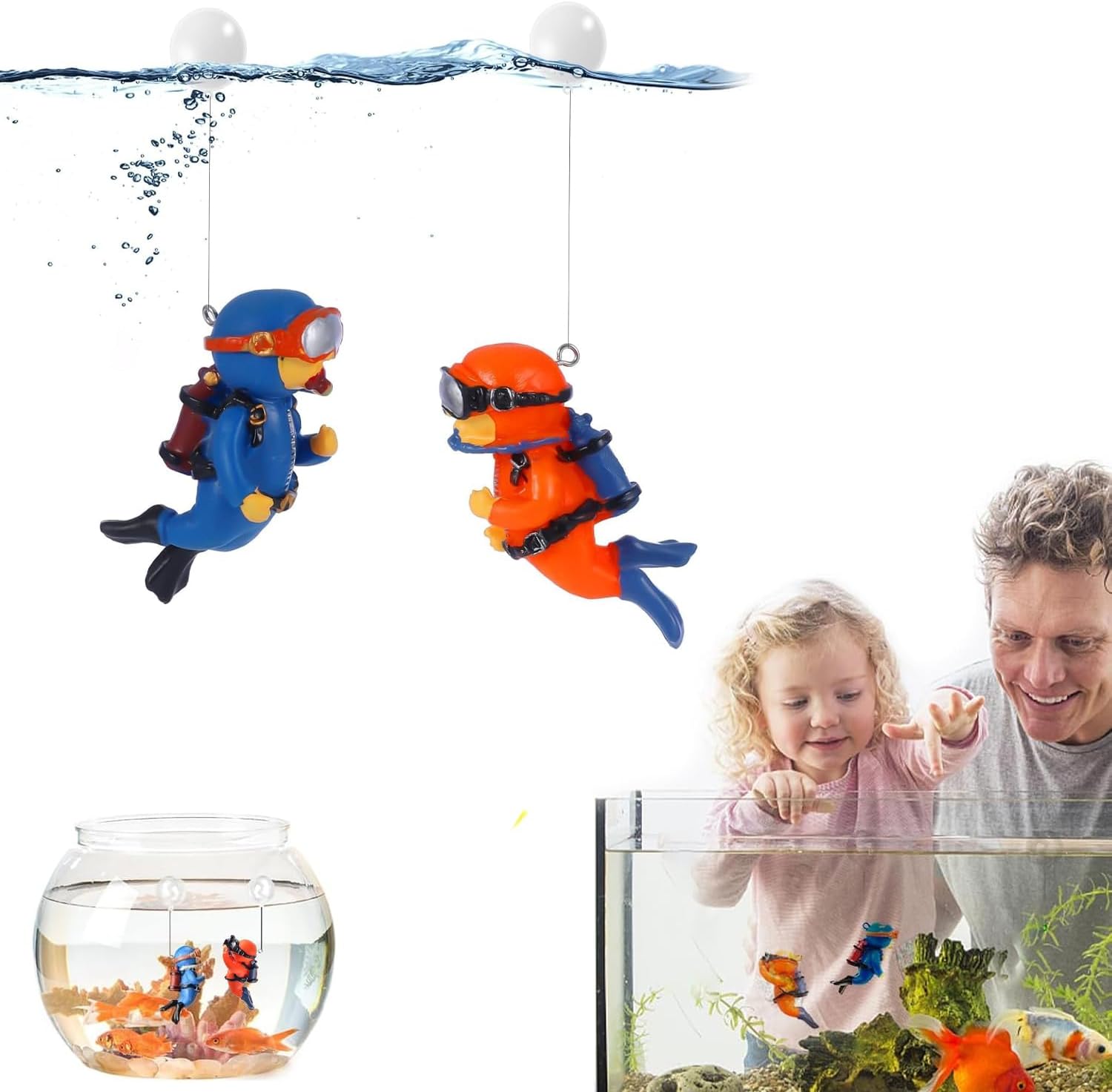 Fish Tank Decorations | 2 Pack Floating Scuba Diver Ornaments with Bubble Balloons | Aquarium Decorations for Freshwater & Saltwater Tanks | Diver Figurines for Fish Tank (Orange, Blue)