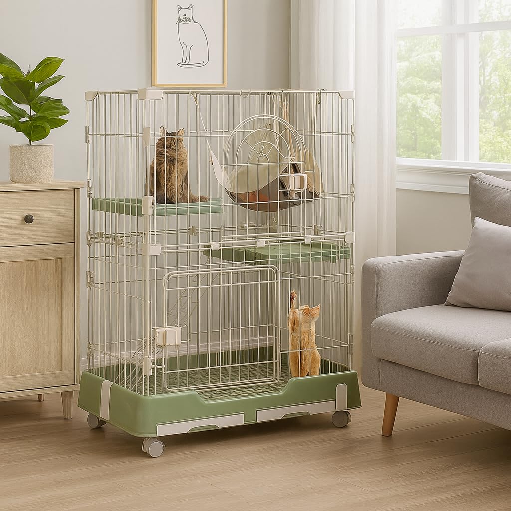 NNC PETS 2-Tier Cat Cage Indoor - Metal Wire Cat Crate Playpen Kennel with 2 Lockable Doors, Climbing ladder, Removable Tray &b Universal Wheels - Easy Assembly, 102 cm(Green, Medium)