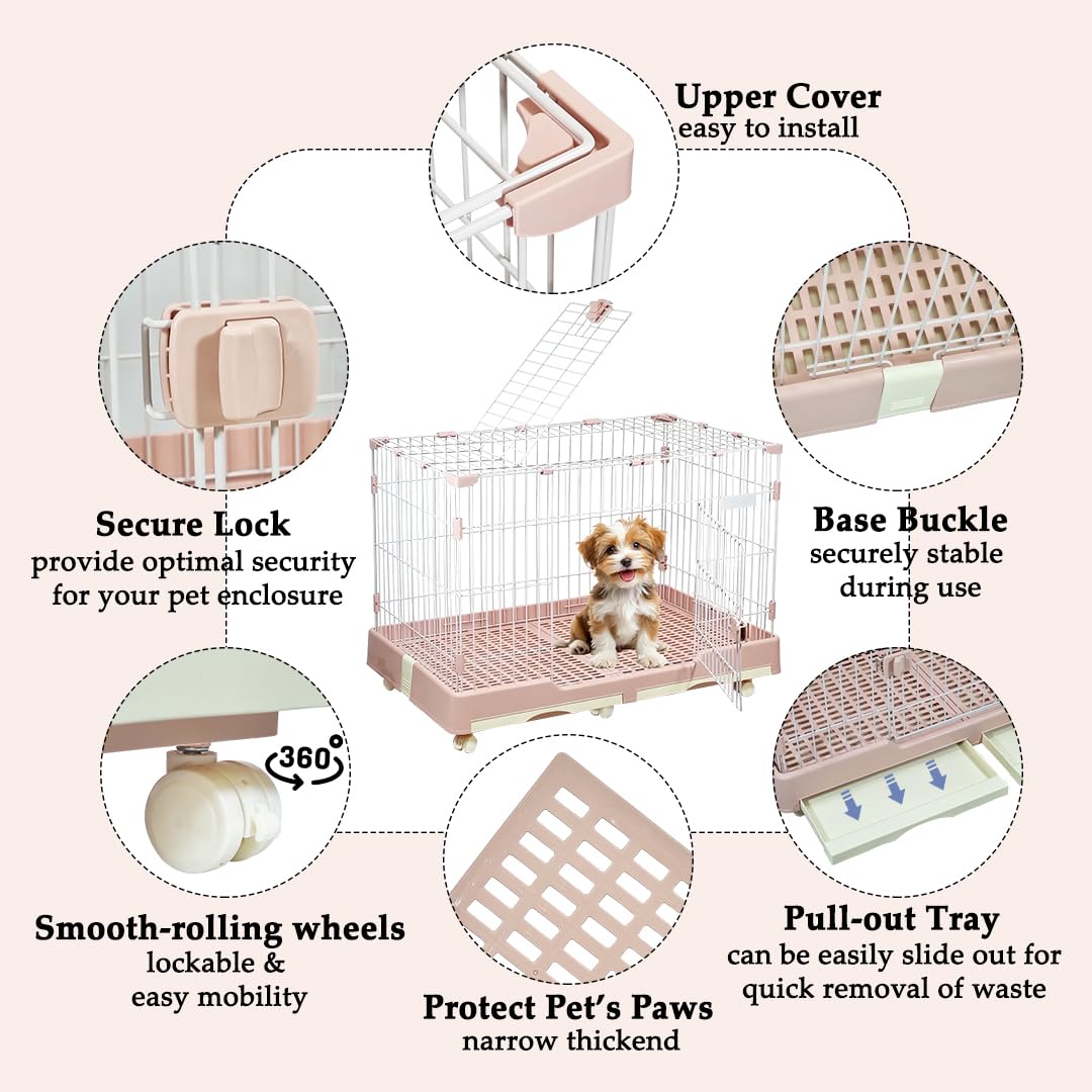 Pet Cage for Cat & Dogs | Dog Cage with Open-Top Design, Metal Wire, Lockable Door, Removable Tray and Universal Wheels | Ideal for Indoor/Outdoor | Easy to Assemble 98 cm (Pink)